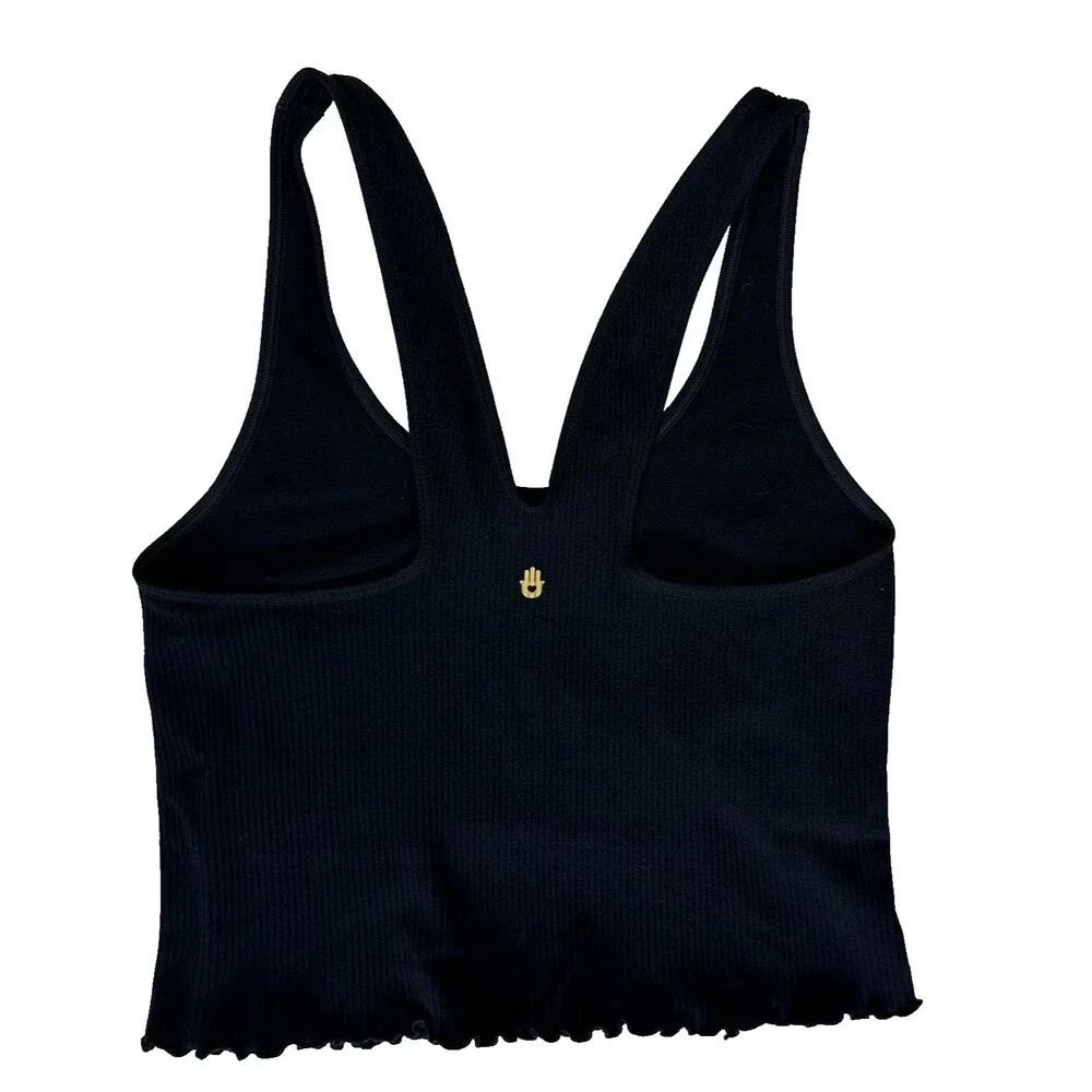 Spiritual Gangster M/L Amor Crop Rib Tank Top Black Ruffled Lettuce Edge Bra
